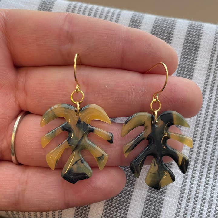 Tortoise Monstera Leaf Dangles: Handmade Earrings for wholesale by Honeybea Creations WI