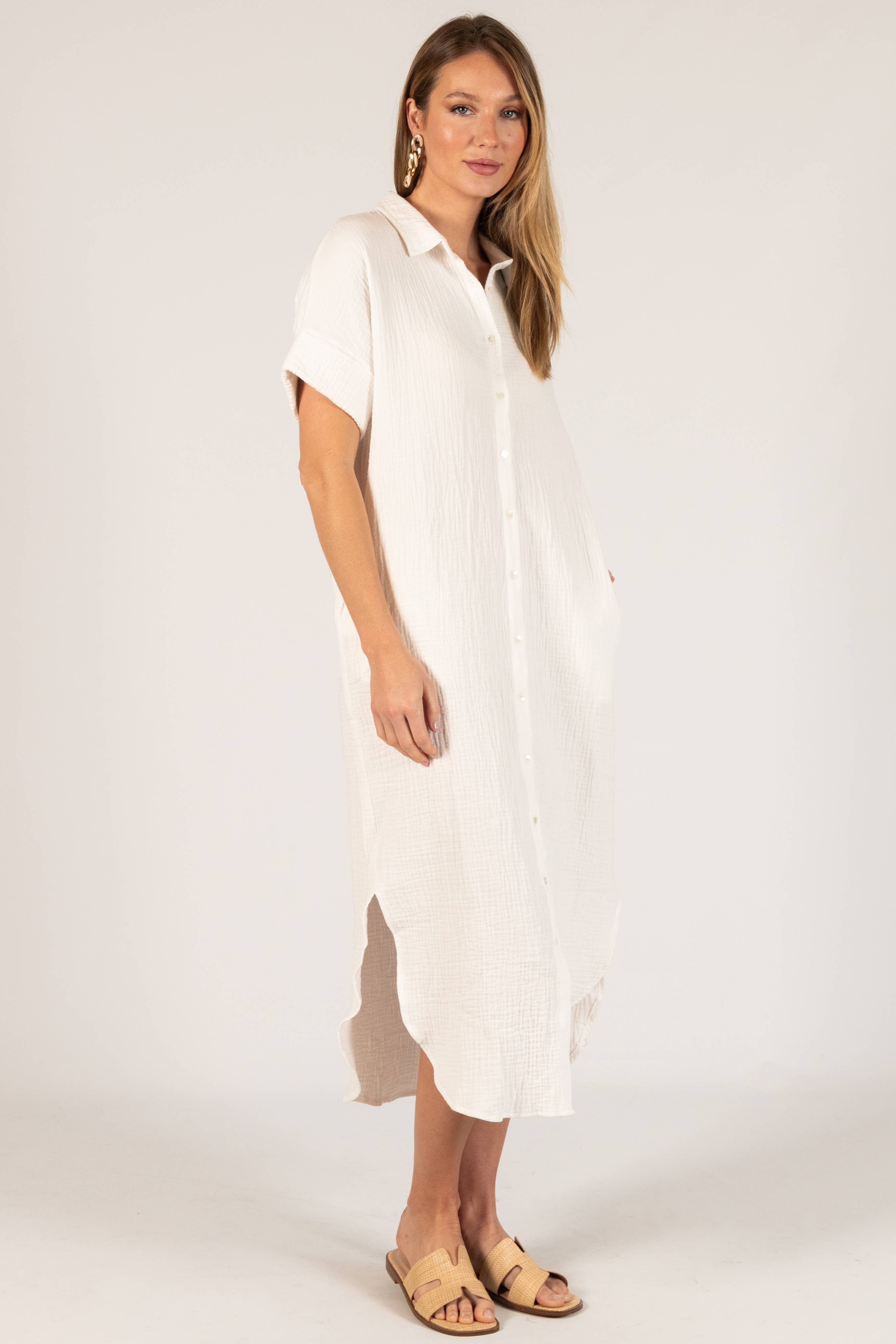 Before You Collection - Wholesale Dress - Women's - 3-Ply Heavy Gauze Button Up Shirt Dress3
