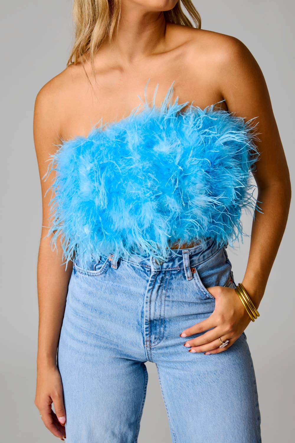 BuddyLove - Wholesale Blouse - Women's - Fancy Azure Blue Strapless Feather Top1