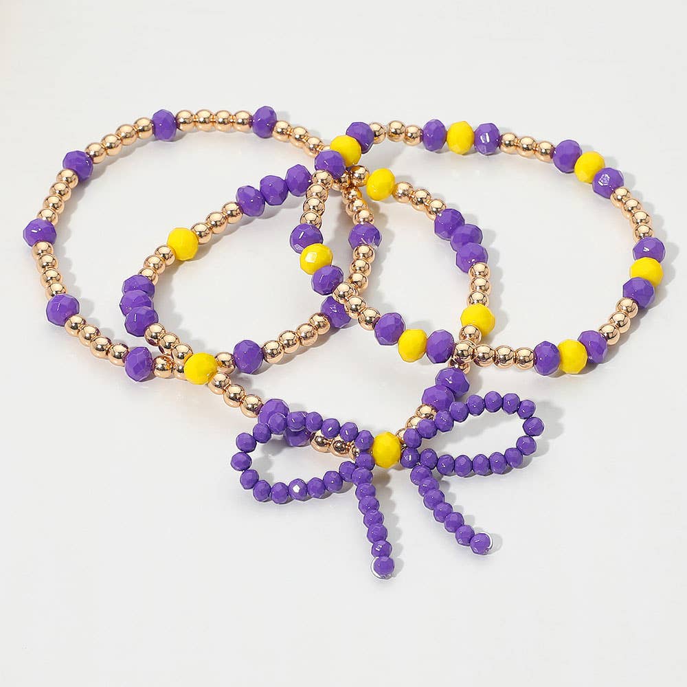 Sensibling Corp. - Wholesale Jewelry Set - 3PCS - Sports Team Theme Colored Bow Accent Faceted Beaded Stretch Multi Layered Bracelets8