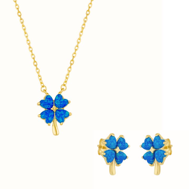 Blue Opal Four Leaf Clover Sterling Silver Necklace & Earring Set for wholesale by Spero London