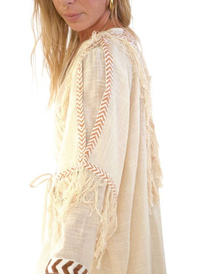 Sacred Ceremony - Wholesale Kimono - Women's - Cream Organic Cotton Shrug with Fringe