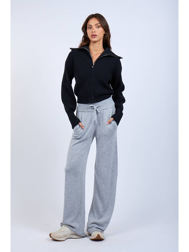 Sky to Moon - Wholesale Knit Sweater - Women's - SOLID COLOR WIDE COLLAR CROP ZIP SWEATER