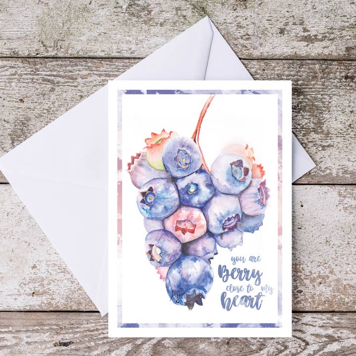 Bluberry Valentine Watercolor Card "Berry Close" for wholesale by Art Reflects Light