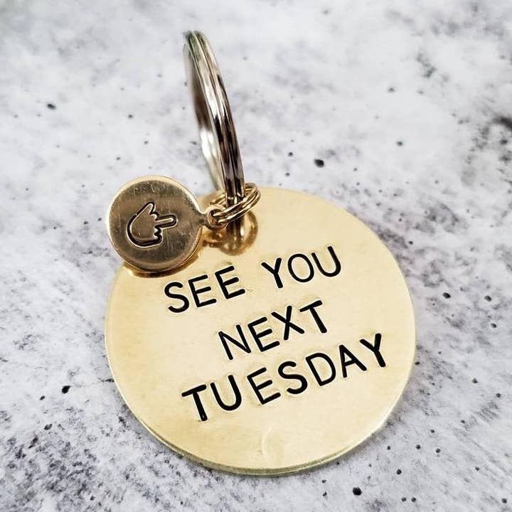 SEE YOU NEXT TUESDAY Brass Key Chain with middle finger tag for wholesale by Salt and Sparkle