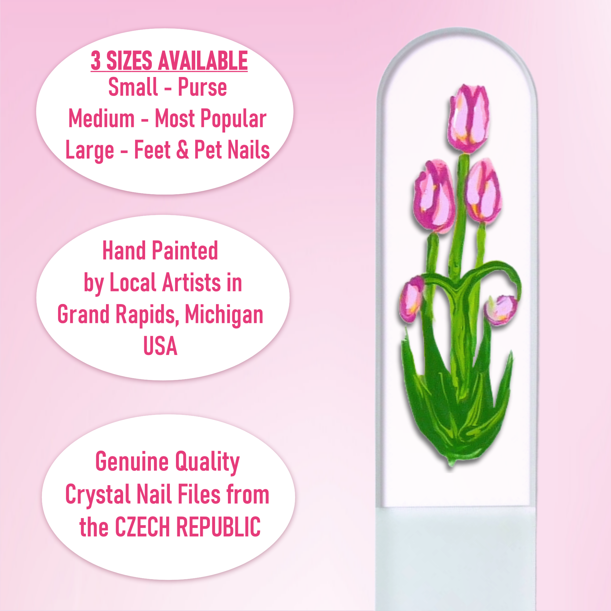 Classy Nail Files – wholesale Nail file – Pink Tulips Spring Flowers Hand Painted Crystal Nail File3