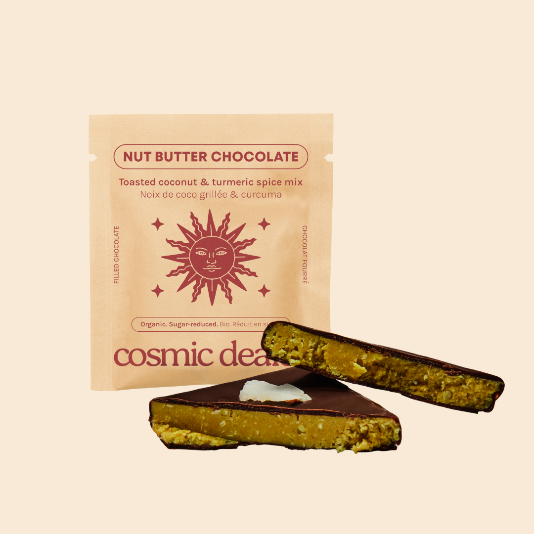 Cosmic Dealer – Großhandel Schokoladenschachtel – Geschenkbox mit 4 Nussbutter-Pralinen - Geröstete Kokosnuss & Kurkuma1