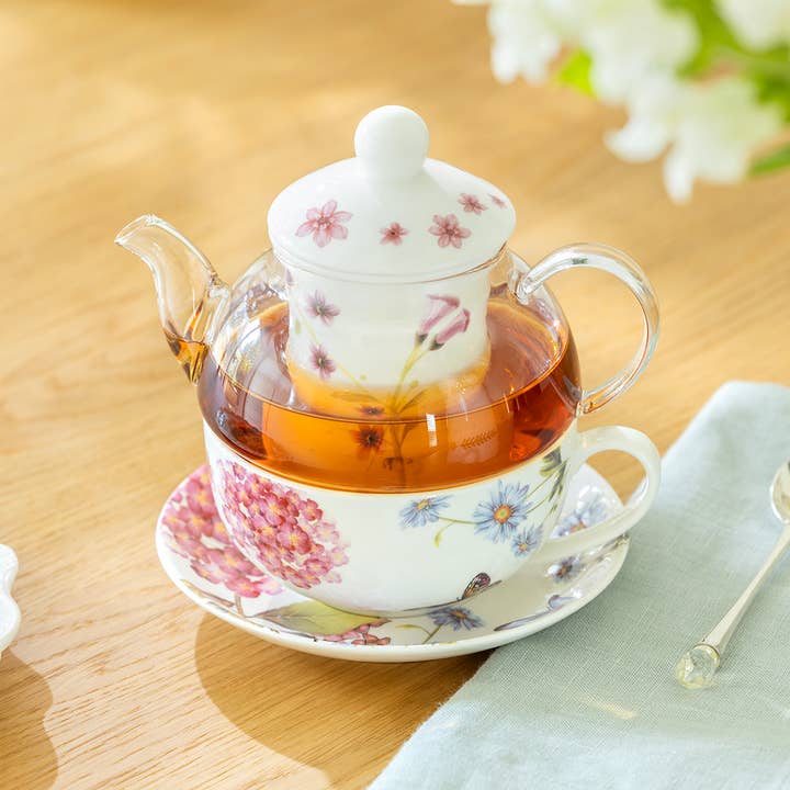 Hydrangea with Butterflies Glass and Fine Porcelain Tea For One Set and other Purchase Wholesale teapots and teacups. Free Returns & Net 60 Terms on Faire trending on Faire.