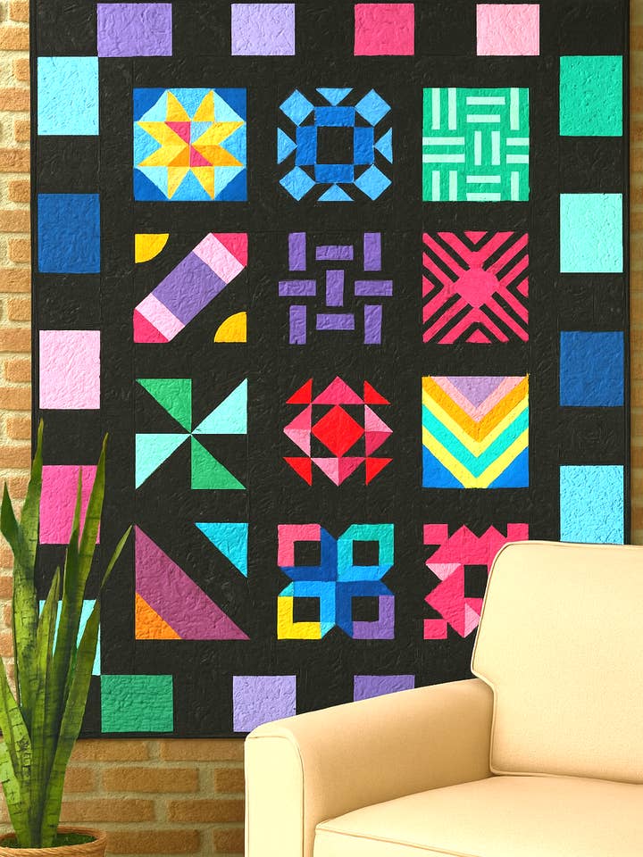 Modern Sampler Quilt Pattern, Colorful Geometrical Blocks for wholesale by HBL Designs/Handwoven By Leah