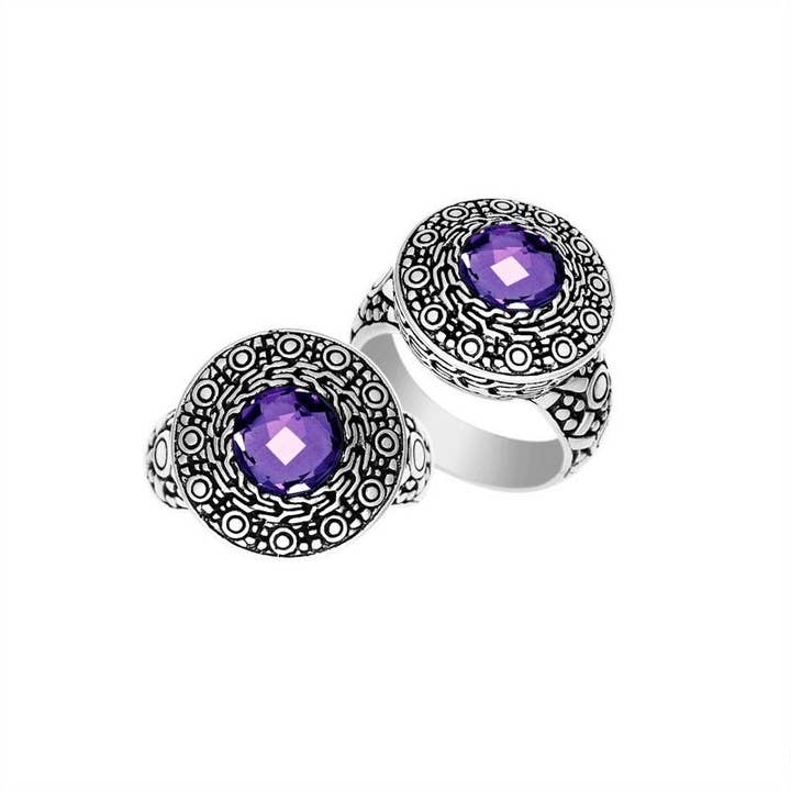AR-6147-AM Amethyst Quartz Sterling Silver Ring – Wholesale Balinese Engraved Design for wholesale by Bali Designs