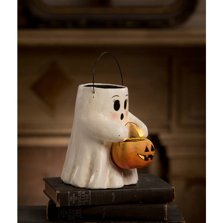 Bethany Lowe Designs - Wholesale Decorative Figurine - Sweet Boo With Pumpkin Bucket Paper Mache