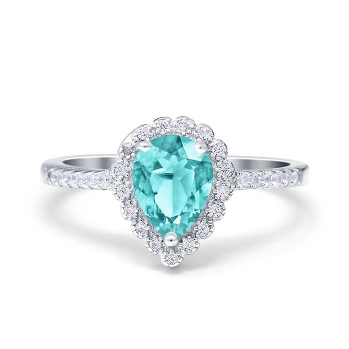 Teardrop Pear Halo Paraiba Tourmaline CZ Engagement Ring for wholesale by Blue Apple Imports
