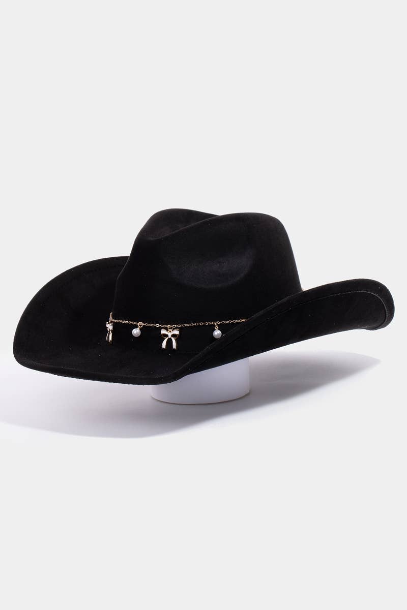 Collections by Fame Accessories - Wholesale Fedora - Women's - Ribbon Bow Pearl Chain Western Cowboy Hat9