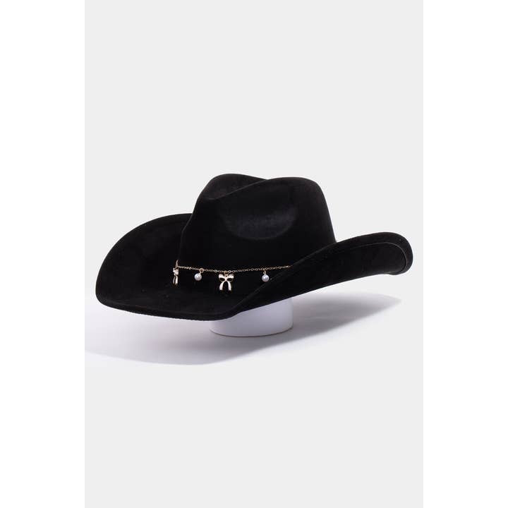 Collections by Fame Accessories - Wholesale Fedora - Women's - Ribbon Bow Pearl Chain Western Cowboy Hat9