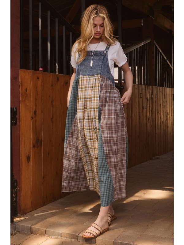 Denim Combo Plus Color Mixed Plaid Overall Maxi Dress for wholesale on Faire