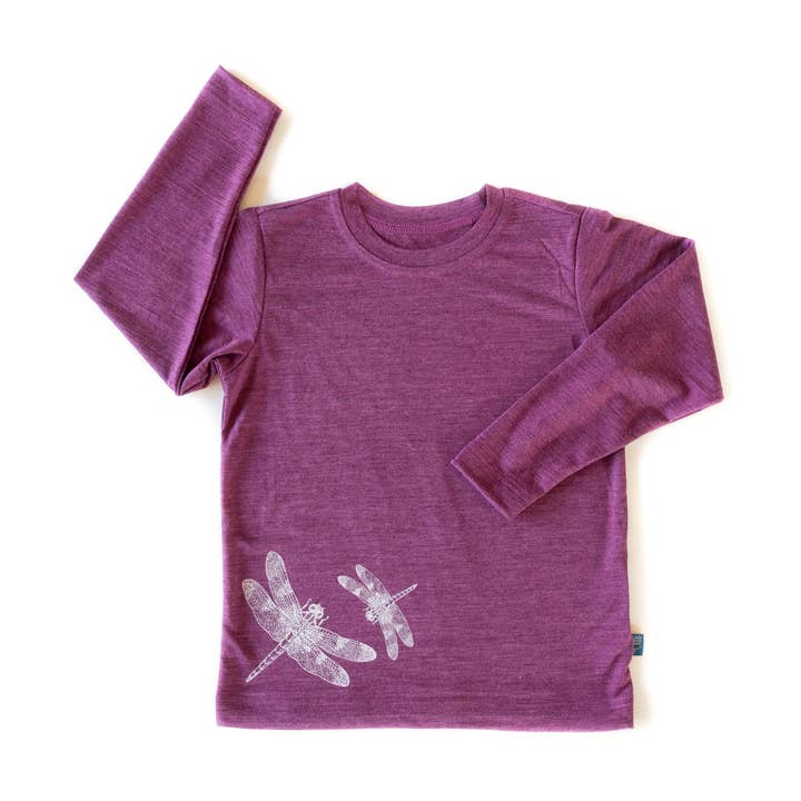 Plum Dragonfly, Merino Wool & Silk Shirt (organic/GOTS) for wholesale by Glückskind
