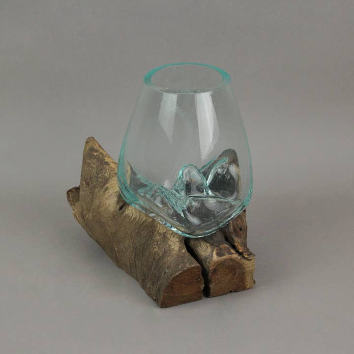 Zeckos - Wholesale Decorative Tabletop Object - Melted Glass On Teak Driftwood Decorative Bowl 6 Inches High
