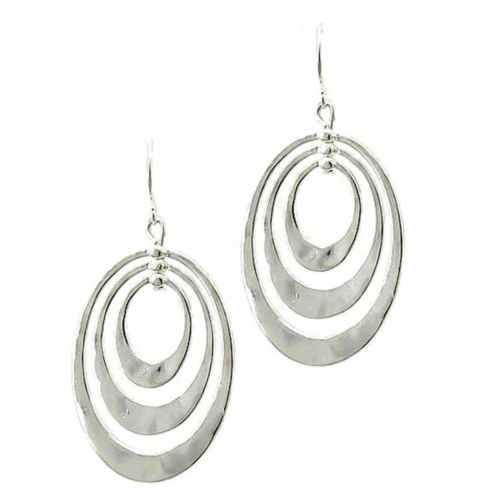 0011 PREMIERE – wholesale Dangle earrings – FR2272 All Silver Layered Multi-Ring Hammered Oval Earrings