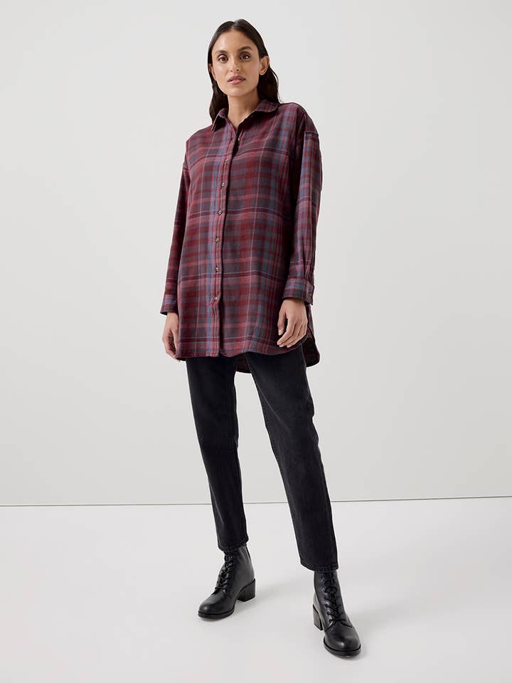 Pomegranate Plaid Women's Fireside Flannel Oversized Shirt for wholesale on Faire