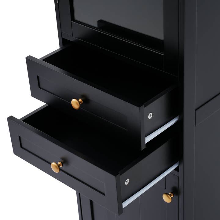 Orange County Decor - Wholesale Cabinet - 63" Tall Bathroom Storage Cabinet With Glass Doors, Free Standing, Two Drawers, And Adjustable Shelves, Mdf Board, Painted Black Perfect For Displaying Your Favorite Items 2 Black 2 4 Adjustable18