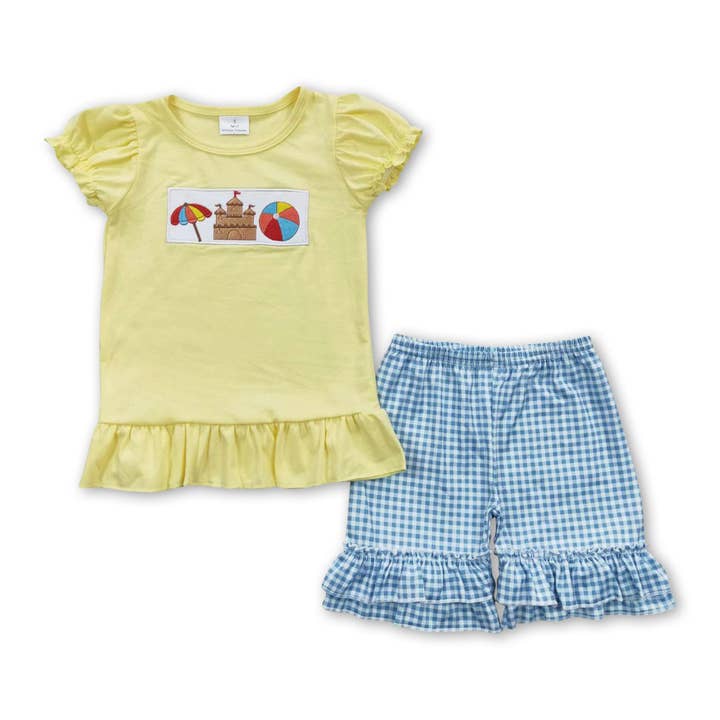 Castle ball shirt plaid shorts kids girls summer beach cloth for wholesale by Yawoo Garments