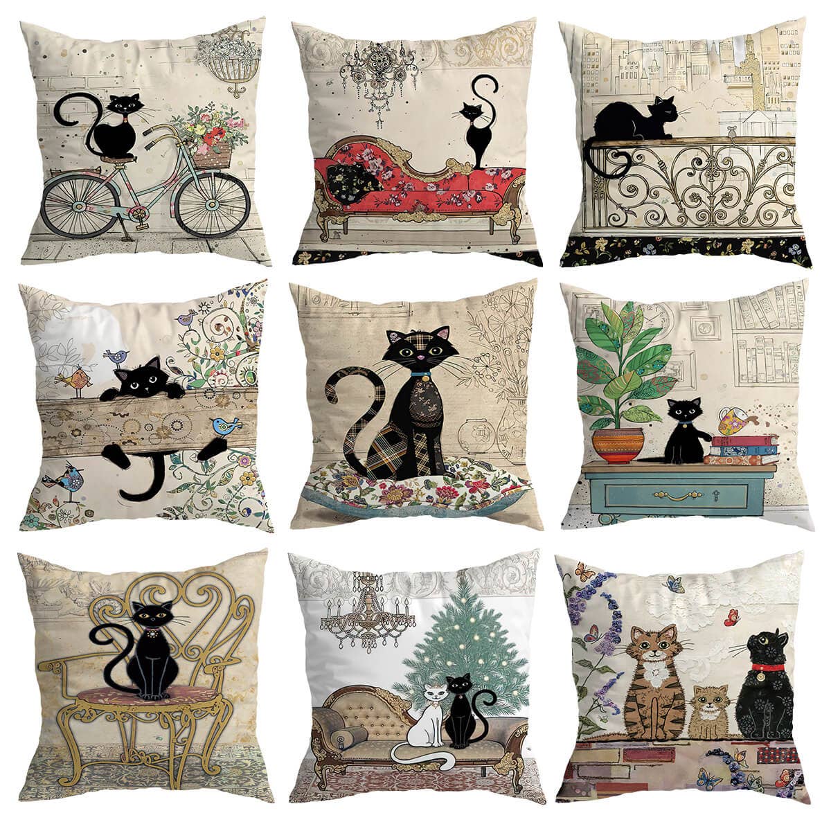Moderny - Wholesale Throw Pillow Cover - Vintage Black Cat Cushion Covers0
