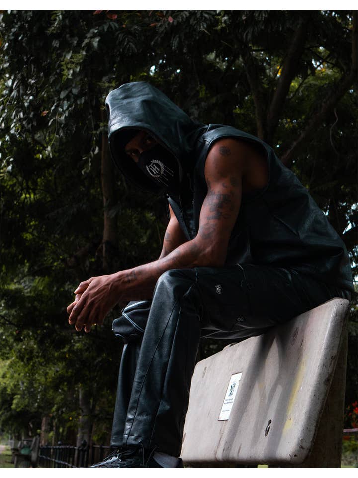 Black Waxed Faux Leather Sleeveless Hoodie for wholesale on Faire25