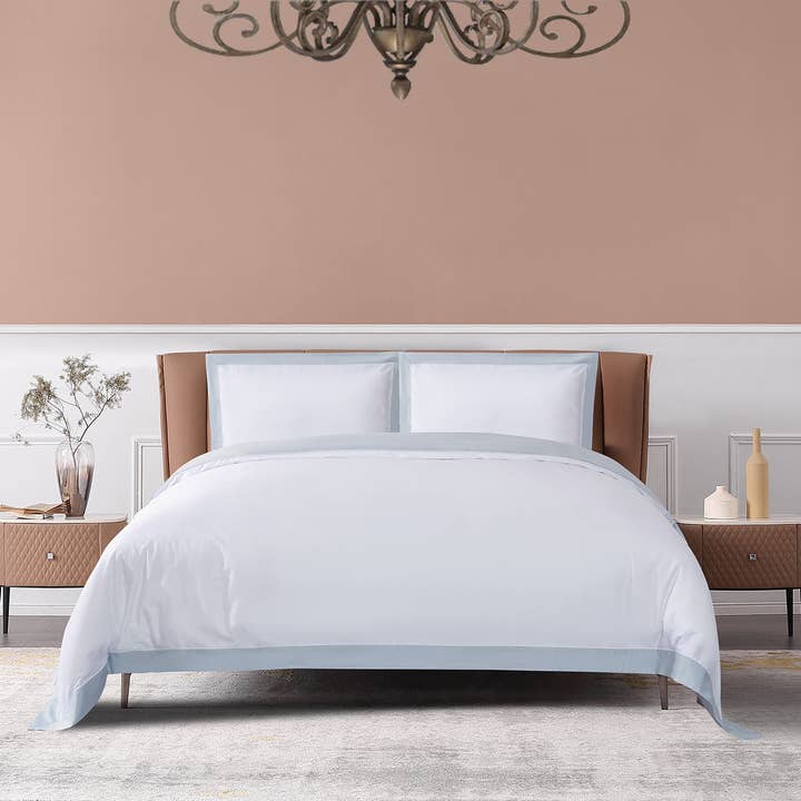 THE COTTON & SILK - Wholesale Duvet Cover - Long-staple Cotton Duvet Cover, White + Misty Blue3