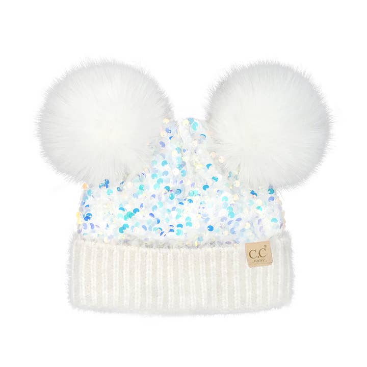 C.C Beanie - Wholesale Beanie - Kids - BABY Cluster Sequin Faux Fur Double Pom C.C Beanie BBHTE0012