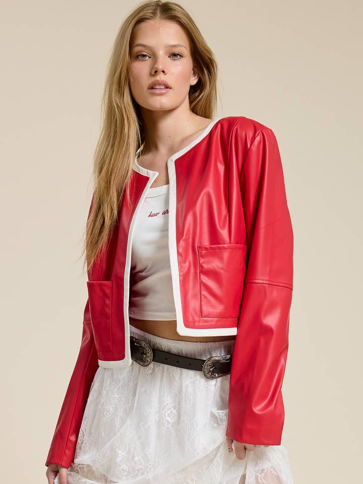 Color block Trim Faux Leather Jacket for wholesale by Mimosa