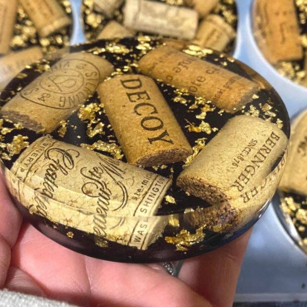 Handmade Wine Cork Resin Coaster with Gold Leaf, Eco Friendly Bar Decor, Wine Lover Gift, Rustic Luxe Home Accent for wholesale by bJenuineCo