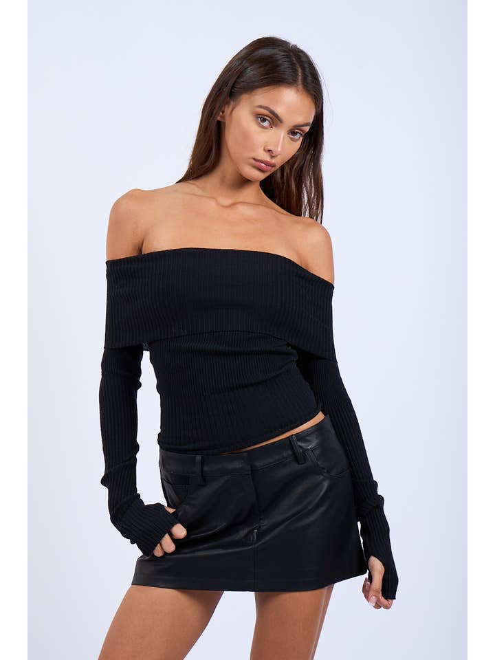 Sky to Moon - Wholesale Knit Top - Women's - OVERFOLD OFF-SHOULDER SLIM FIT-IN KNIT SWEATER TOP