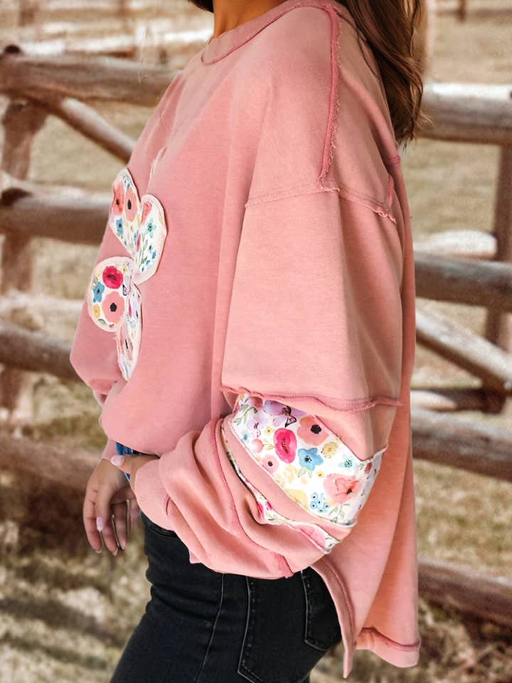 fashionworks - Wholesale Sweatshirt - Women's - Flower Applique Patch Drop Sleeve Pullover Sweatshirt1
