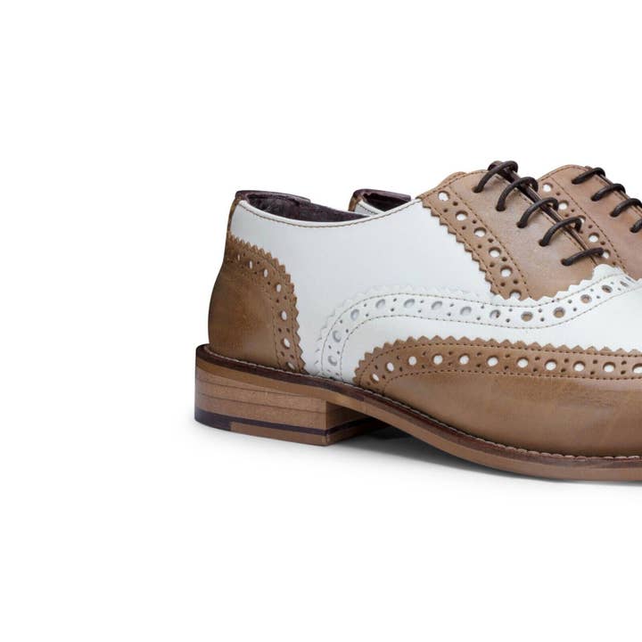 Tan Mens Classic Oxford Tan/White Leather Gatsby Brogue Shoes for wholesale on Faire