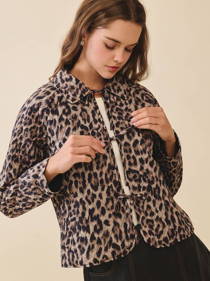 CJ6637-Leopard Print Quilted Relaxed Fit Front Tie Jacket for wholesale by TCEC