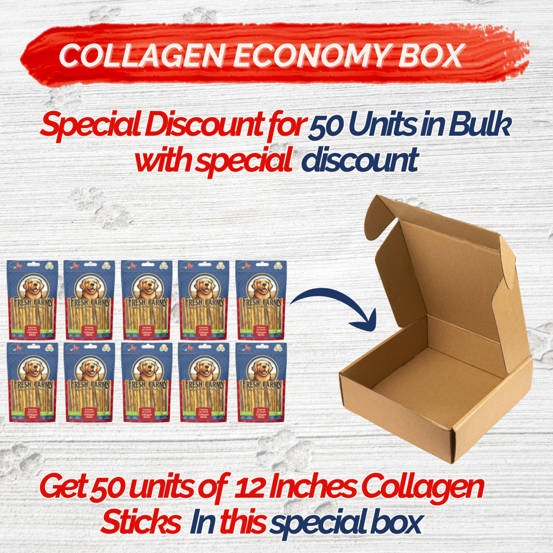 Fresh Farms Pet – Engroshandel Godbid - Hund – 50 stk. 30 cm kollagenstænger til hunde - lugtfri, langtidsholdbare, alternativ til bully sticks med chondroitin og glucosamin, naturlige og sikre, gavnlige for hofte, led, hud og pels1