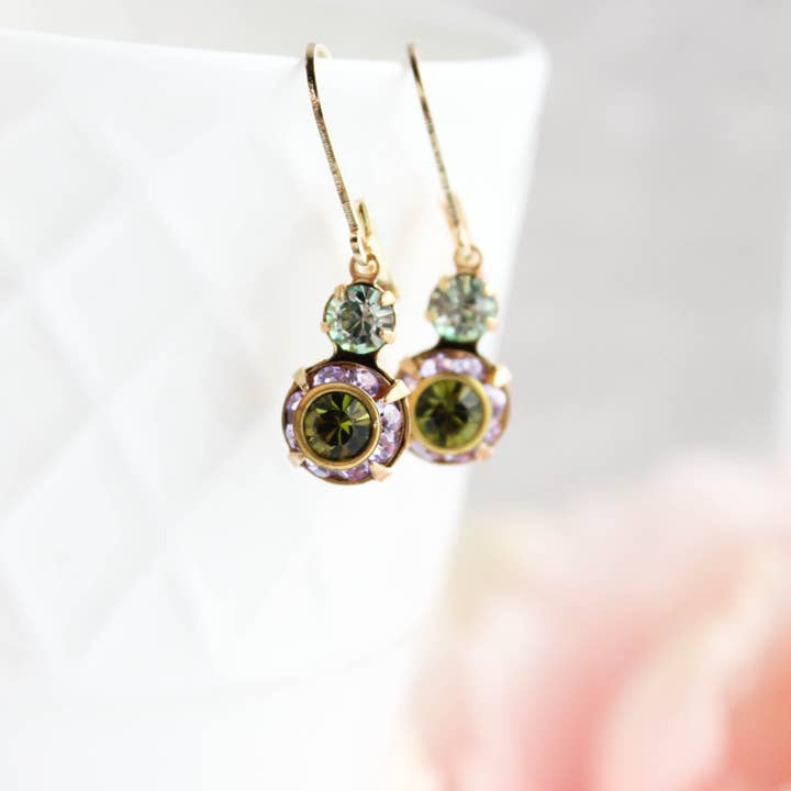 A Pocket of Posies - Wholesale Dangle Earrings - Small Glass Drop Earrings | Violet Purple and Olivine Green5