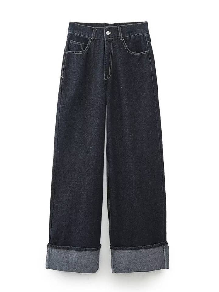 BLUE Wide-Leg Denim Pants with Cuffed Hem for wholesale on Faire2