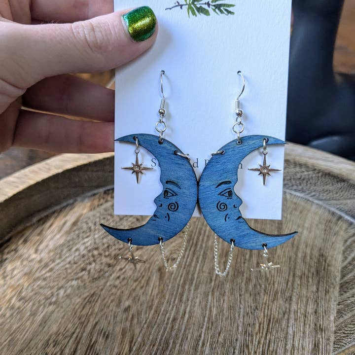 Stag and Branch - Wholesale Dangle Earrings - Blue Celestial Cresent Moon With Stars Large Statment Dangle3