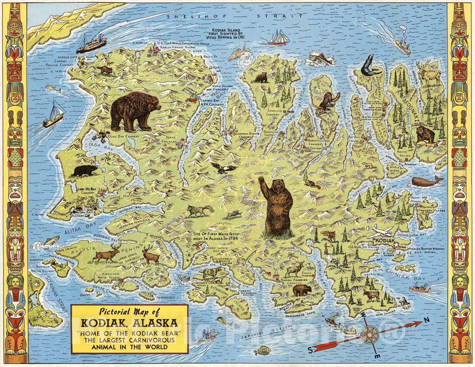 Historic Pictoric - Wholesale Map - Pictorial Map Of Kodiak, Alaska - Home Of Kodiak Bear, 19480