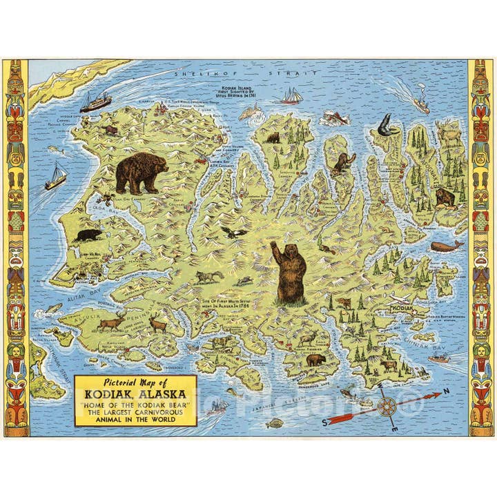 Historic Pictoric - Wholesale Map - Pictorial Map Of Kodiak, Alaska - Home Of Kodiak Bear, 1948