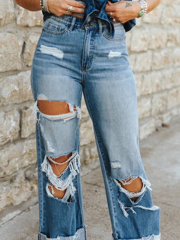 Mellemvaskede slidte mid-rise brede ben med opsmøgede bukseben jeans for engroshandel hos LUCKY & BLESSED