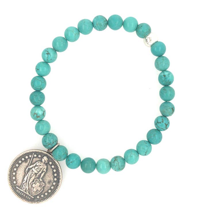 Turquoise Sterling Silver French Coin Bracelet for wholesale by Essjai Accessories