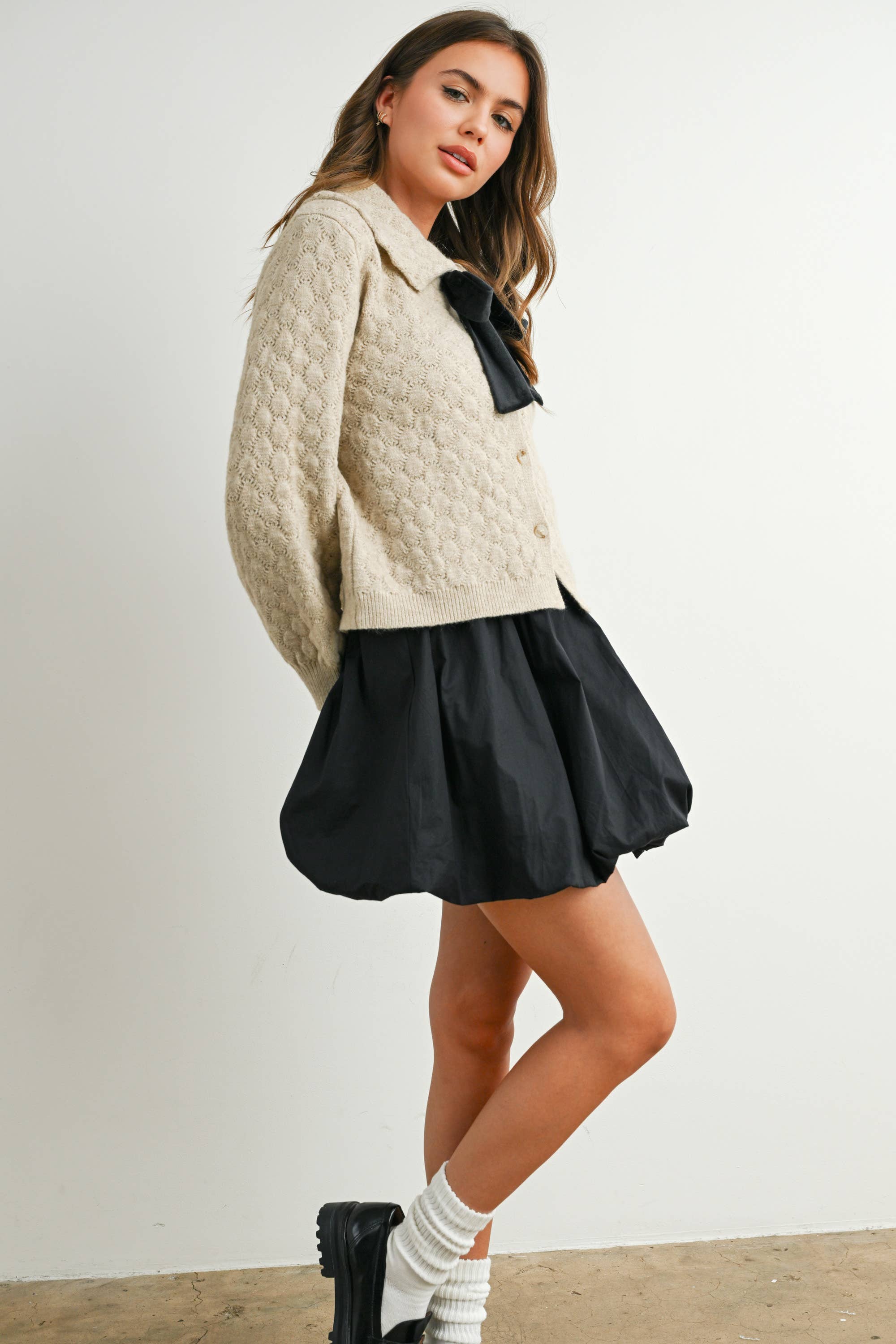 BUTTERMELON - Wholesale Cardigan - Women's - Button-Up Bow Front Collared Long Sleeve Top - BMC777634