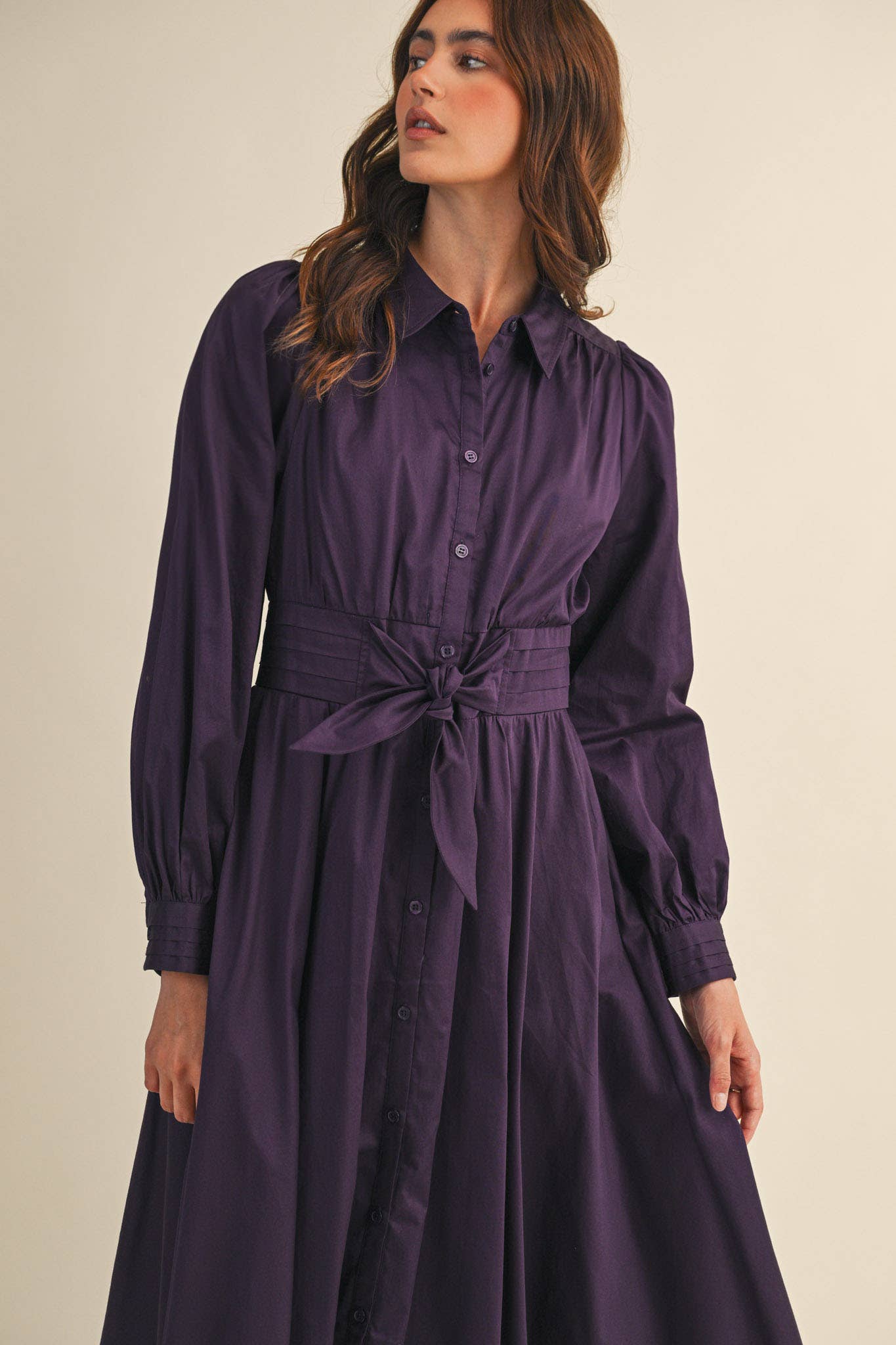 &MERCI - Wholesale Dress - Women's - PINTUCK WAIST TIE FRONT MIDI DRESS MDR42190