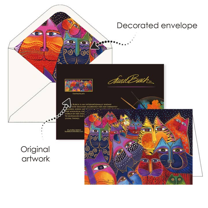 RainCaper – wholesale Stationery/notecard set – Notecards - Laurel Burch Cats - Box of 16 Cards & Envelopes3