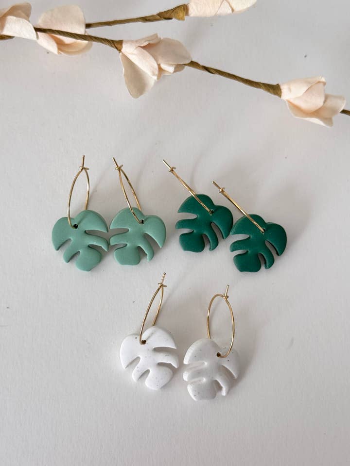 Monstera clay hoop earrings for wholesale by BuidesignCo