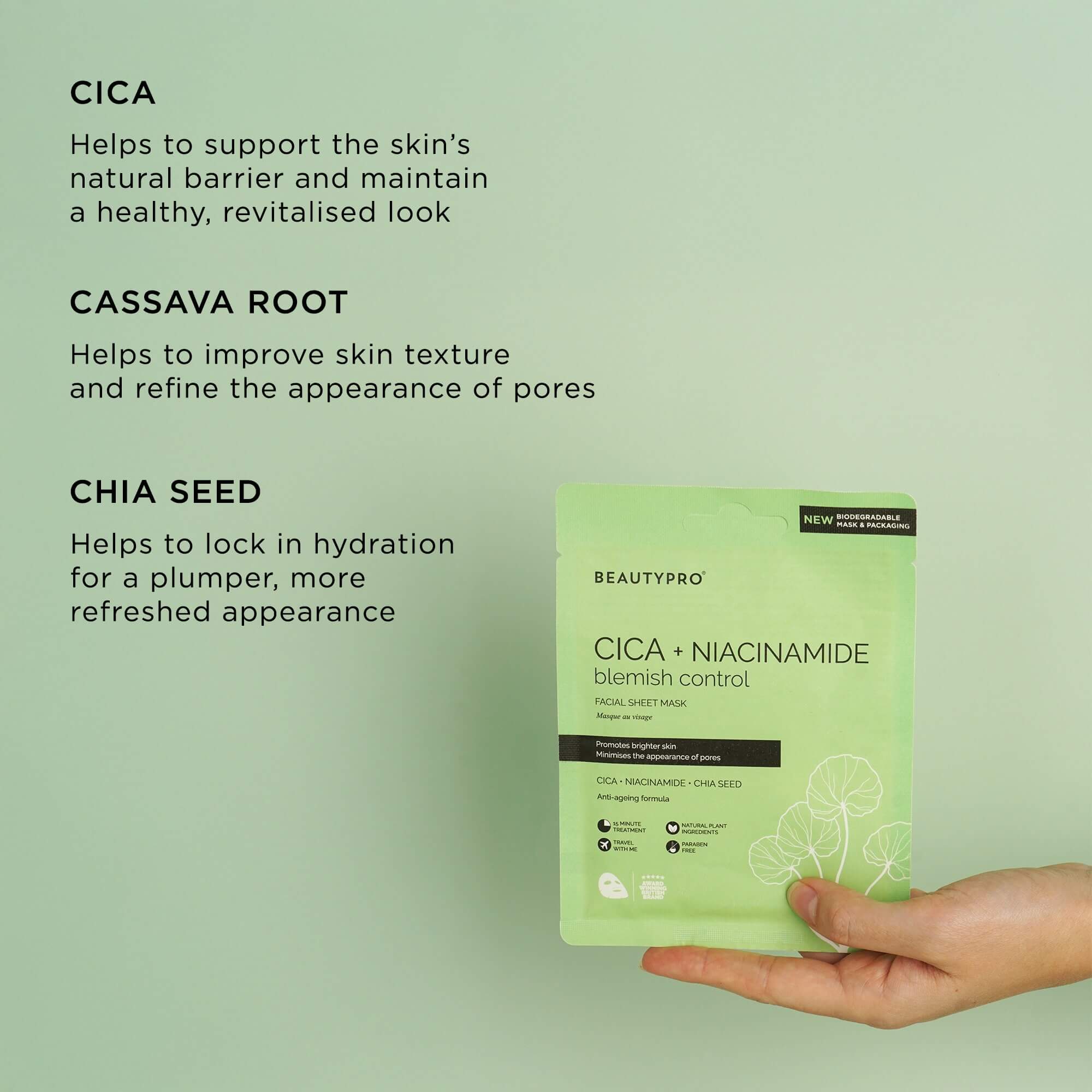BEAUTYPRO – wholesale Skincare face mask – CICA + NIACINAMIDE Facial Sheet Mask - 100% Biodegradable5