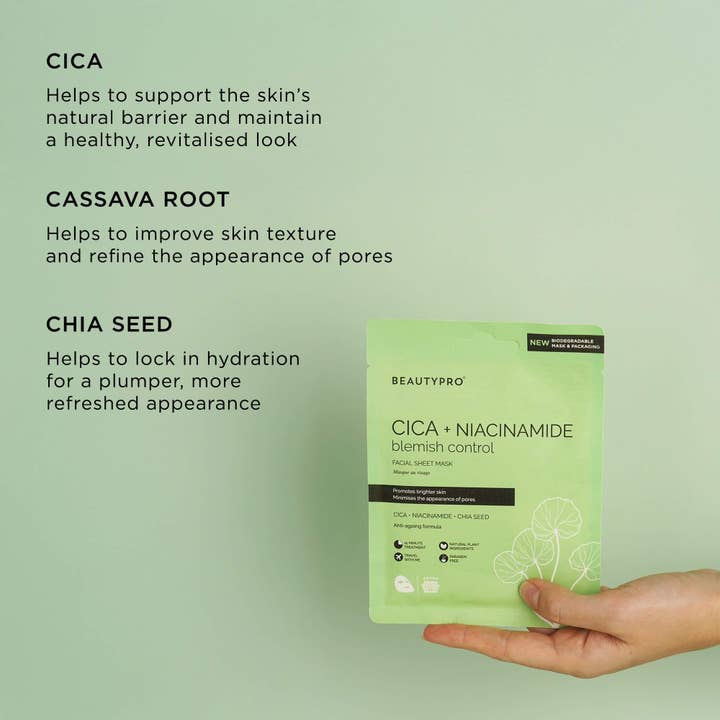 BEAUTYPRO – wholesale Skincare face mask – CICA + NIACINAMIDE Facial Sheet Mask - 100% Biodegradable5