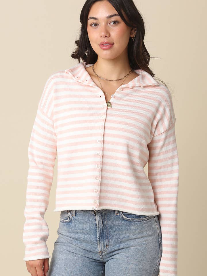 Elina Strikket Top med Stribet Krave for engroshandel hos Olivaceous